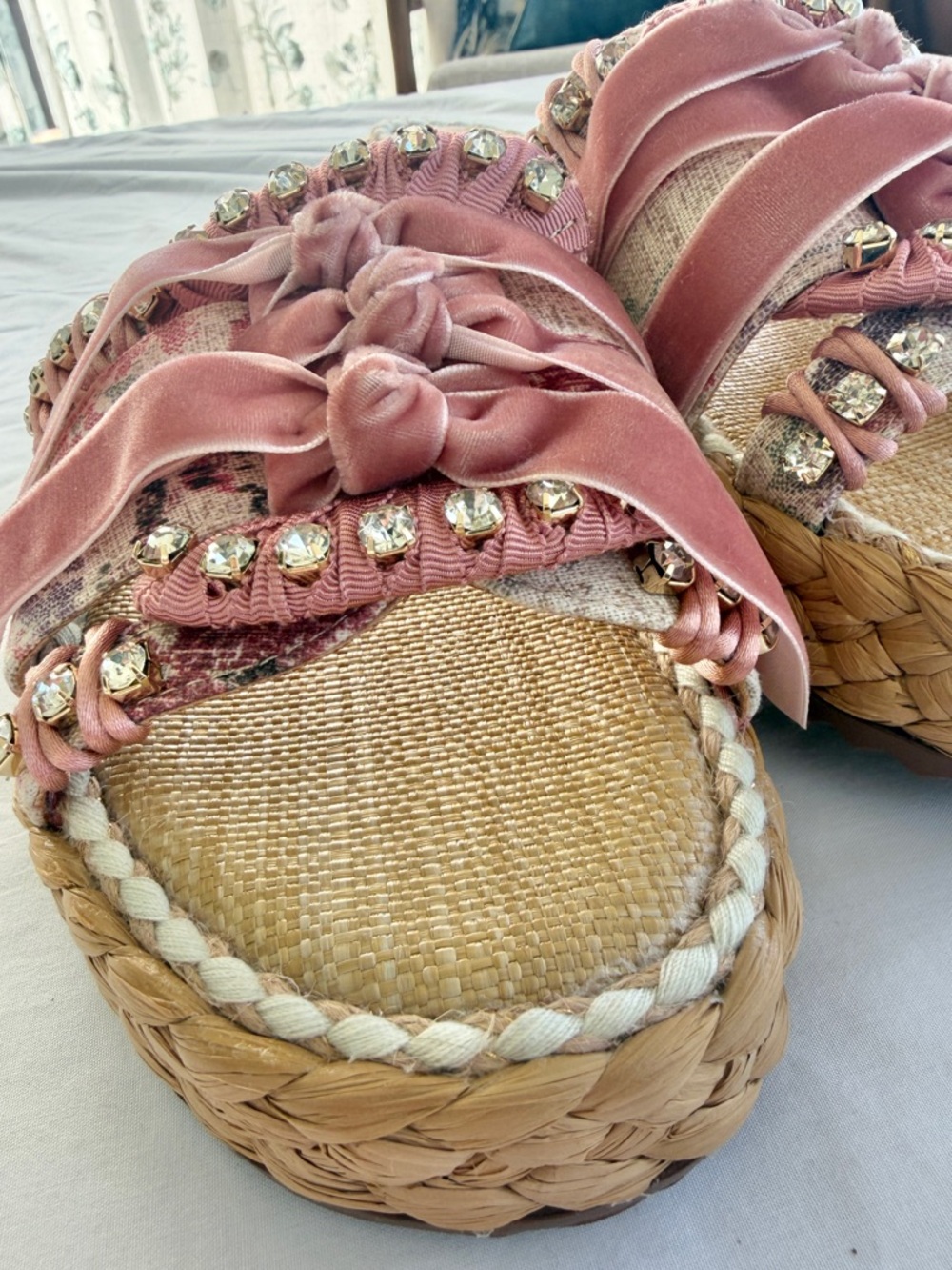 Sam Edelman Wyatt Sz 8 Pink Mixed media ribbon &  Rhinestone Sandals NEW - Picture 7 of 16